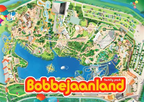 Overzichtskaart van Bobbejaanland met themagebieden en attracties