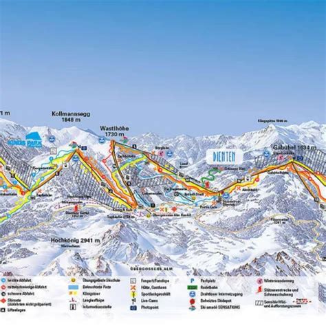 Gedetailleerde kaart van het skigebied Hochkönig met de verschillende dorpen en pistes.