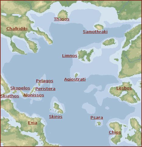 Kaart van de Egeïsche Zee met de belangrijkste eilandengroepen