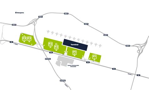 Plattegrond van de parkeerterreinen rondom Luchthaven Bergamo Orio al Serio met aanduiding van P1, P2 en P3