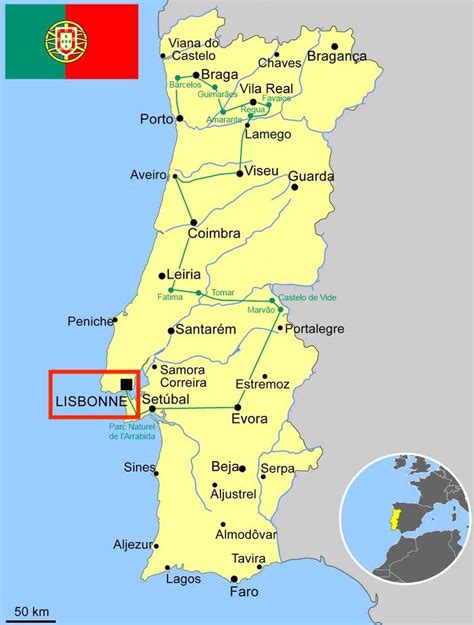 Kaart van Portugal met de locaties Porto en Lissabon gemarkeerd