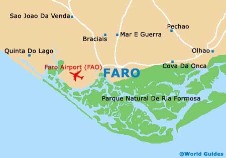 Kaart met de ligging van Faro Airport (FAO) ten opzichte van het centrum van Faro