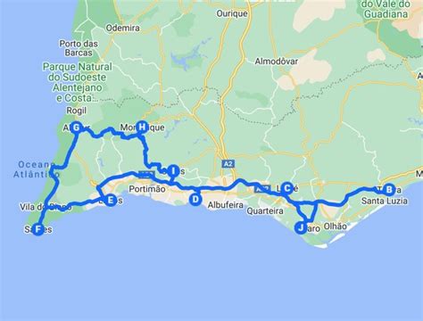 Kaart van de Algarve met de route van Faro Airport naar Albufeira