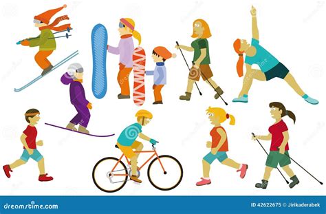 Illustratie van verschillende sportactiviteiten op vakantie, zoals wandelen, zwemmen en joggen.