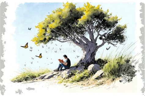 Illustratie van iemand die rustig mediteert of een boek leest in een serene omgeving.