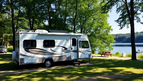 Een moderne camper die geparkeerd staat in een schilderachtige natuurlijke omgeving, met de luifel uitgeslagen en stoelen erbij, wat de vrijheid van kamperen symboliseert.