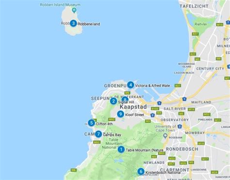Kaart van Kaapstad met de locatie van de internationale luchthaven