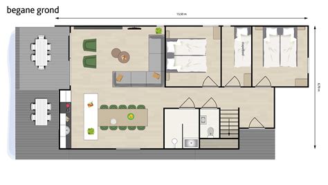 Plattegrond van een vakantiehuisje met aanduiding van de kamers