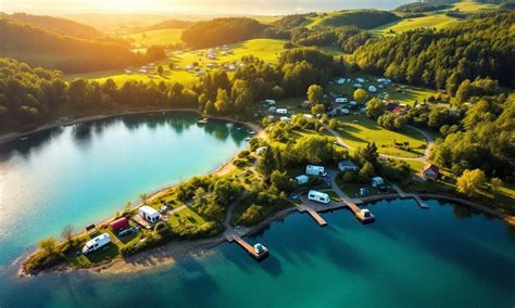 Luchtfoto van een camping aan een meer, omringd door dennenbossen