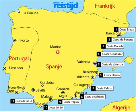 Een kaart van Spanje met de focus op de Costa Blanca en de belangrijkste badplaatsen.