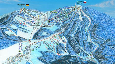 Overzichtskaart van de InterSkiregion Fichtelberg/Klínovec met de verbindingen tussen de Duitse en Tsjechische skigebieden.