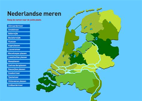 Kaart van Nederland met gemarkeerde populaire watergebieden voor woonbootvakanties