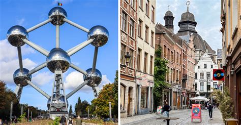 Collage van iconische bezienswaardigheden in Brussel, zoals het Atomium en de Grote Markt.