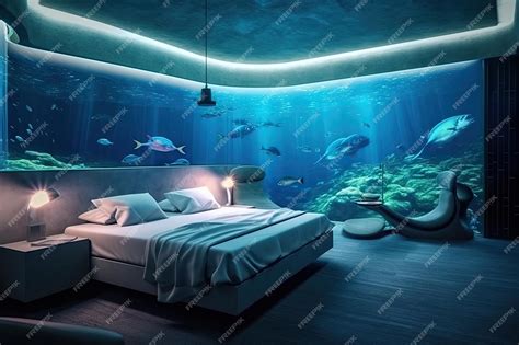 Illustratie van een luxe hotelkamer met uitzicht op een aquarium met haaien