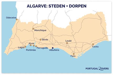 Kaart van de Algarve met belangrijke steden en routes gemarkeerd, met suggesties voor roadtrips vanuit Faro.