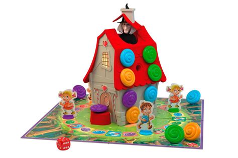 Illustratie van het 'Knibbel Knabbel Knuisje' bordspel, met het snoephuisje en speelfiguren.