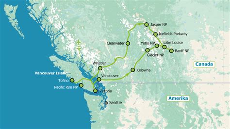 Kaart van West-Canada met highlights zoals Banff, Jasper en Vancouver gemarkeerd