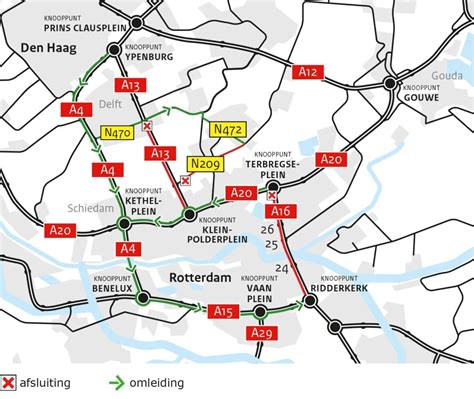 Kaart van de regio Rotterdam met de A13 en verbindingen naar de luchthaven.