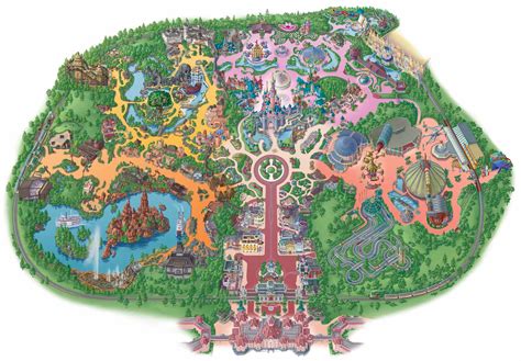Plattegrond van Disneyland Paris met de verschillende themagebieden en Disney Village.