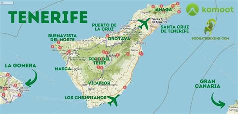 Overzichtskaart van Tenerife met de locaties van de twee luchthavens (TFN en TFS)