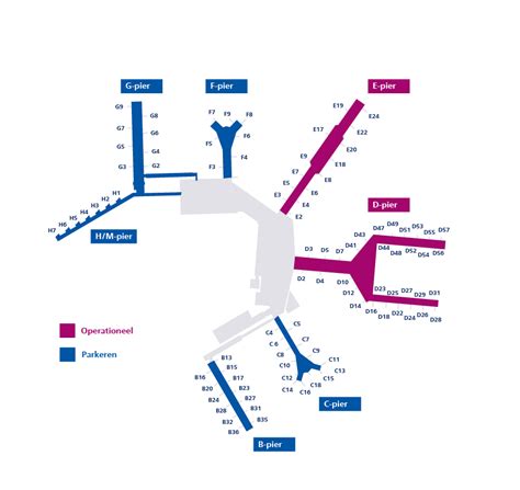 Schematische weergave van de terminals en pieren van Schiphol Airport