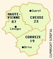 Kaart van de regio Limousin met de departementen Haute-Vienne, Corrèze en Creuse