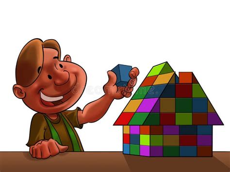 Illustratie van een kind dat met blokken bouwt in een kleurrijke omgeving