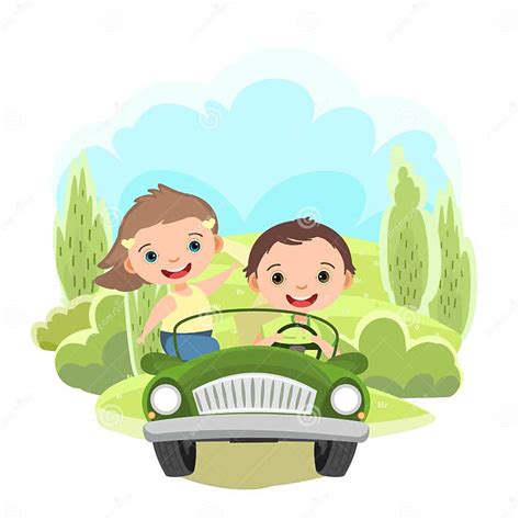 Illustratie van een kind dat een elektrische politieboot bestuurt in een parkomgeving