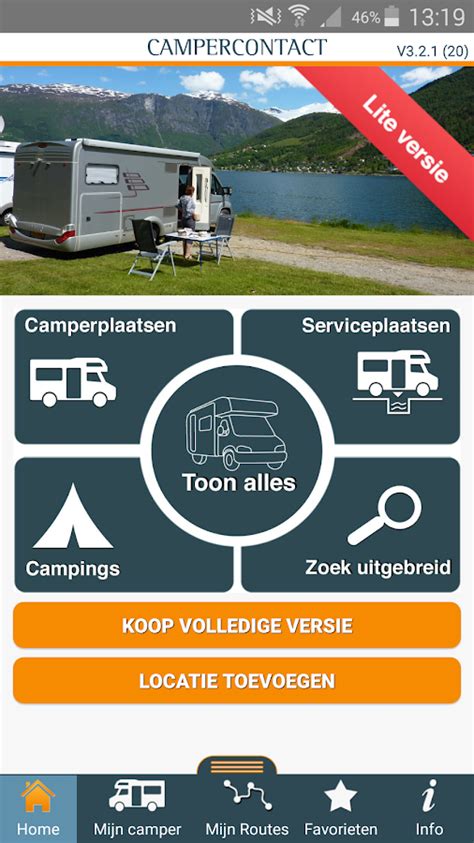 Screenshot van de Campercontact app met een overzicht van camperlocaties.