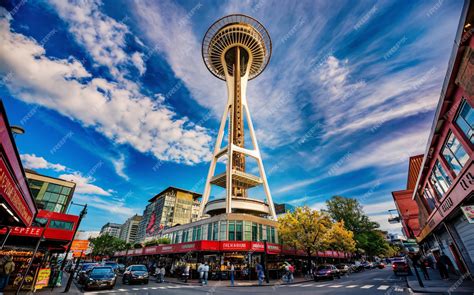 Collage van iconische bezienswaardigheden in Seattle: Space Needle, Pike Place Market, Mt. Rainier