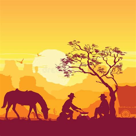 Illustratie van een western dorp met paarden en cowboys