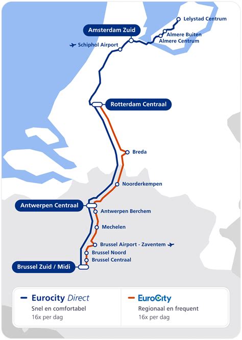 Schema van de treinverbinding tussen Schiedam en Haarlem, met vermelding van de frequentie en de vroegste en laatste vertrektijden.