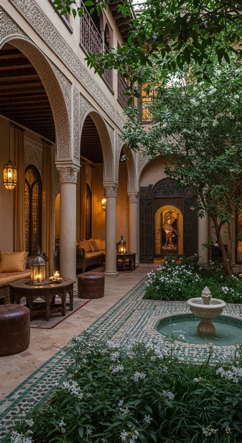 een foto van een traditionele riad met een binnenplaats en fontein