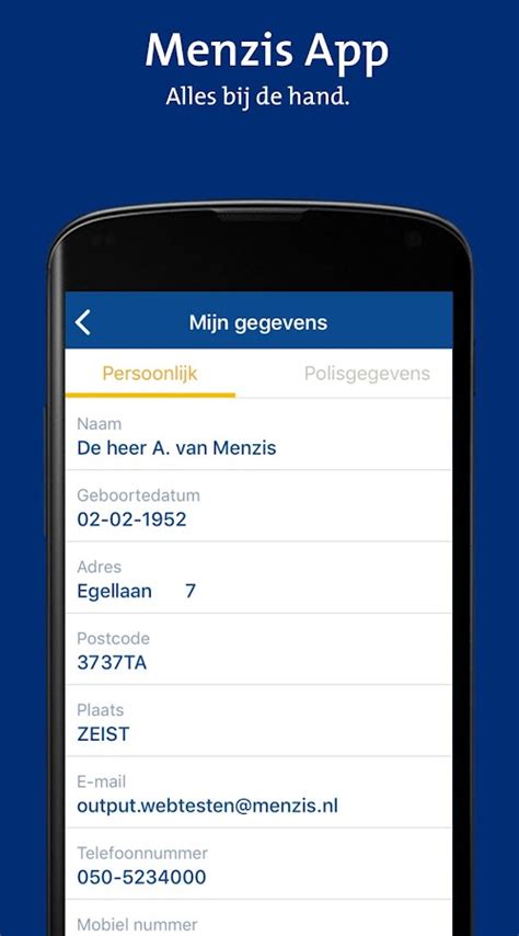 Screenshot van de Menzis app met de Alarmcentrale en EHIC-pas.