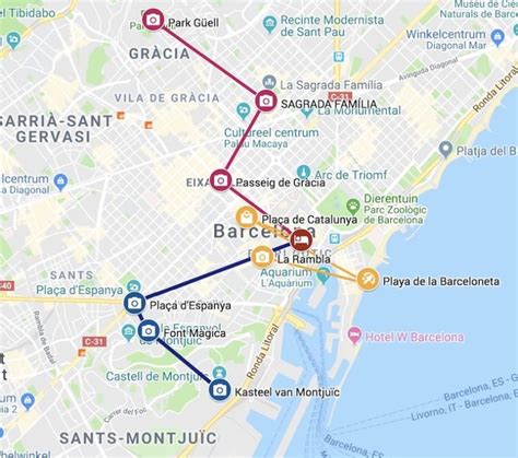 Plattegrond van Barcelona met de belangrijkste bezienswaardigheden en wijken gemarkeerd