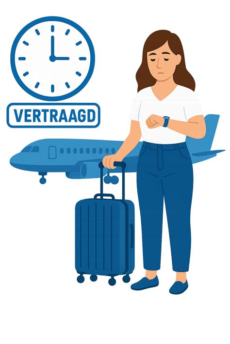 Illustratie van een vertraagde of geannuleerde vlucht met gefrustreerde reizigers op een luchthaven