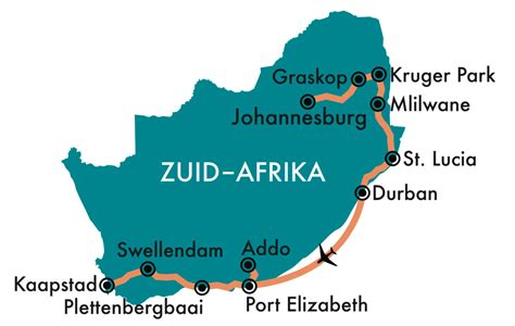Kaart van Zuid-Afrika met de route tussen Johannesburg en Nelspruit gemarkeerd.