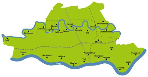 Kaart van de Betuwe met nadruk op fruitboomgaarden