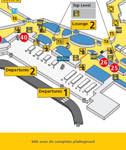 Schema van de vertrekhal op Schiphol met aanduiding van de verschillende controlepunten (check-in, security, paspoortcontrole).