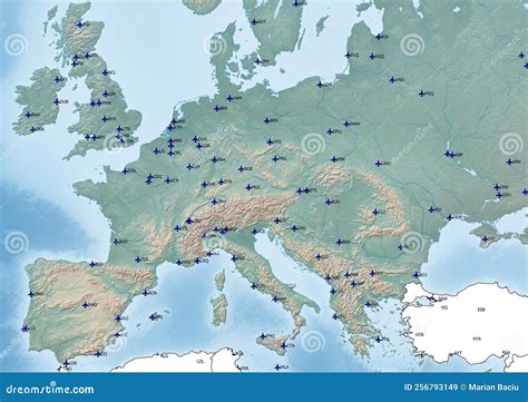 Kaart van Europa met de belangrijkste luchthavens gemarkeerd.