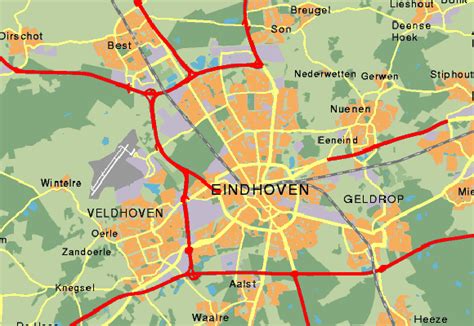 Kaart van de regio Eindhoven met mogelijke opstijg- en landingsgebieden gemarkeerd.