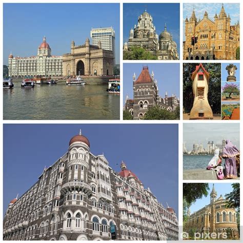 Een collage van iconische bezienswaardigheden in Mumbai, zoals de Gateway of India, Bollywood-studio's en diverse tempels.