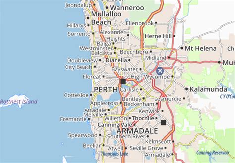Kaart van Perth met belangrijke bezienswaardigheden en de locatie van de luchthaven
